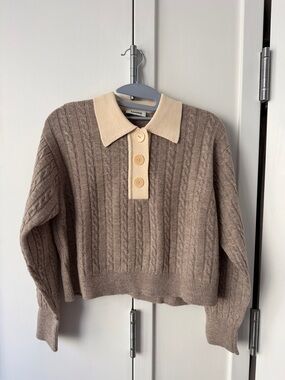 Sandro Taupe Cable-Knit V-Neck Sweater with Cream Polo Collar